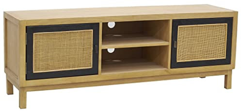 AUBRY GASPARD - Meuble TV en Manguier et Cannage - 2 Portes, 2 Étagères - Dimensions 150 x 40 x 55 cm - Gestion Câbles Intégrée - Structure Solide et Élégante - Prêt à l Emploi - Poids 30 kg