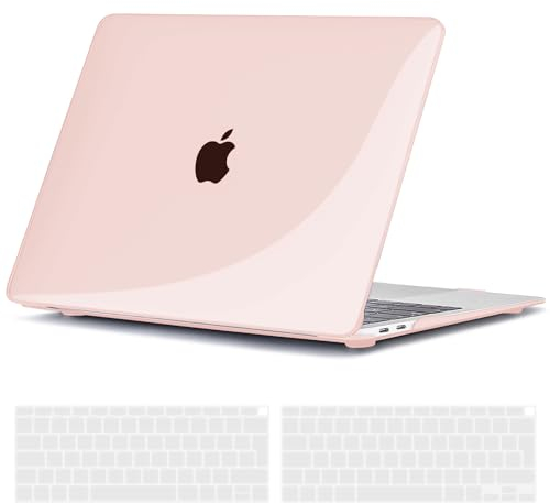 TECOOL Case compatible with MacBook Air M1 & MacBook Air 13 inch Retina 2020 2019 2018 (A2337 A2179 A1932), Plastic Snap On Hard Shell Cover & UK EU Keyboard Protector, Pale Pink (Glossy)