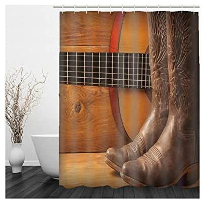 Duschvorhang Eckdusche Braun, Polyester Duschvorhang Wasserdicht Gitarre und Stiefel Anti Schimmel Duschvorhang 165x200CM