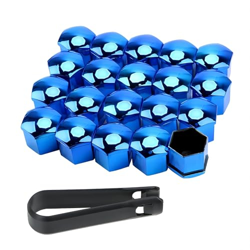 PAITOK Radmutterkappe, 20 Stück Universal Chrom Kunststoff Radbolzenmutternabdeckungen Radmutterabdeckungen mit Entfernungswerkzeug-Set für Autos (Blau, 21mm)