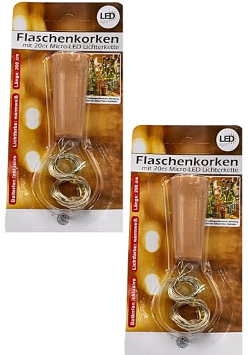 Dekohelden24 Flaschen-Korken mit 20er LED Lichterkette als 2er Set, Länge ca. 80 cm, Korken aus Kunststoff, Farbe warmweiß, je 3 x AG13 enthalten