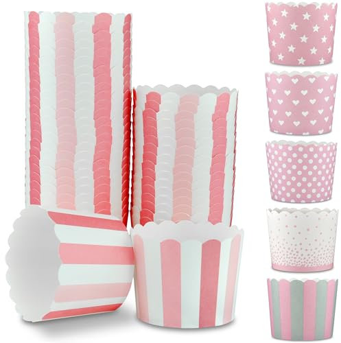 Frau WUNDERVoll® 100 Muffin Backformen weiß rosa pink Streifen, Durchmesser 6,1 cm/Muffins Muffinbackform Muffinform Form Backförmchen Cupcake Formen Förmchen Papier Cupcakeformen