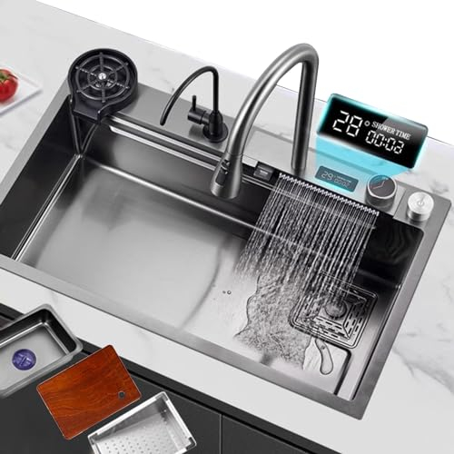 Fregadero de cocina de acero inoxidable negro con cascada, fregadero individual con lavadora, pantalla de temperatura, accesorios completos (85 x 46 x 22 cm)
