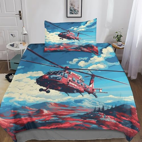 LAMAME Hubschrauber Bettwäsche-Set 3 Teilig 3D-Druck Malen Bettbezug Mit Reißverschluss Mikrofaser Kinder Bettbezüge Mit Kissenbezug Single（135x200cm）