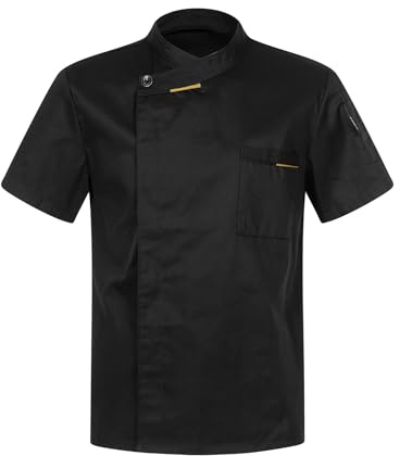 Camisa de Cocinero Camiseta Manga Corta Unisexo Hombre Mujer Chaqueta Chef Escudo Cocina Uniforme Ropa de Trabajo Cocina Hotel Restaurante Manga Corta Negra G M