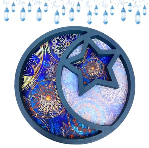 PORUPAEL Eid Tray Ramadan Hölzernes Tablett Ramadan Eid Mubarak Tabletts dekorative hölzerne Mond Stern Geschirr Eid Mubarak Party Servieren Geschirr Serving Geschirr Decor (colored B)