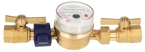 Einstrahlzähler ETK Kombi-Set (Warmwasser) bis 90 Grad Länge 110 mm, inkl. Kugelhähne MS blank 1/2 Zoll IG, Plombierschelle