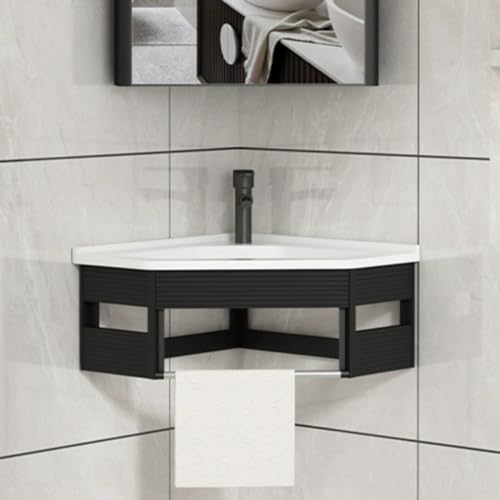 VSTQNXR Corner Bathroom Vanity Sink Combo For Small Space, Wall Mounted Cabinet Set Design, Toilet With Sink On Top, Rv Vanity, Hot & Cold Faucet(Color:Black and silver)