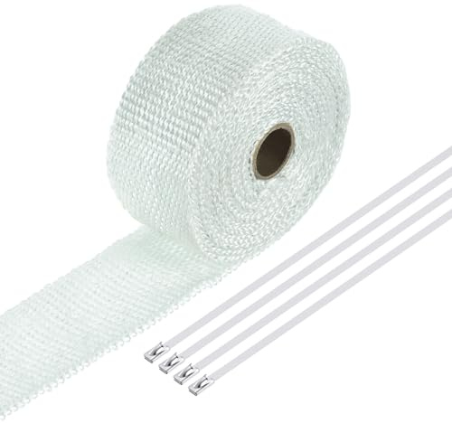 QUARKZMAN Hitzeschutzband 5 Meter x 5cm Auspuff Dichtband Auspuffband Fibreglass mit 4 Edelstahl Kabelbinder, für Auspuffkrümmer von Motorrädern und Autos, Weiß