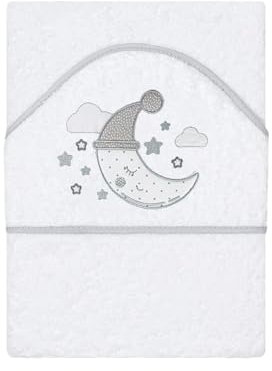 various Baby-Badetuch mit Kapuze, Frottee, 100 % Baumwolle, Maße 100 cm x 100 cm, Badetuch mit Kapuze, für Kleinkinder, weich und saugfähig, mit Mond-Design, Weiß/Grau