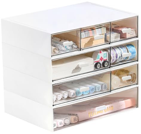 Polegas Desktop Organiser with 8 Drawers,Stackable Plastic Desk Storage Box, Small Storage Unit with Drawers for Home Collection, Makeup, Office, School Supplies(4 Flat Layers,White)