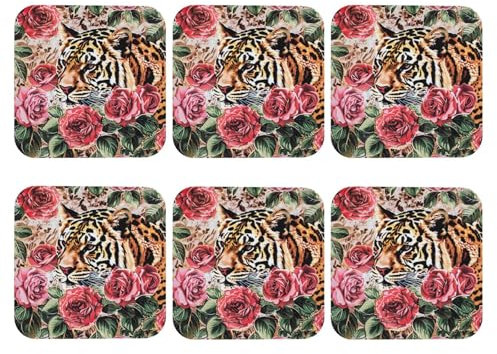 Animal Tiger Leopard Stampa Fiore Rosa Stampato Sottobicchieri quadrati 6 PZ da bere, Sottobicchiere in Pelle per Decorazione Domestica Protezione Da Tavolo