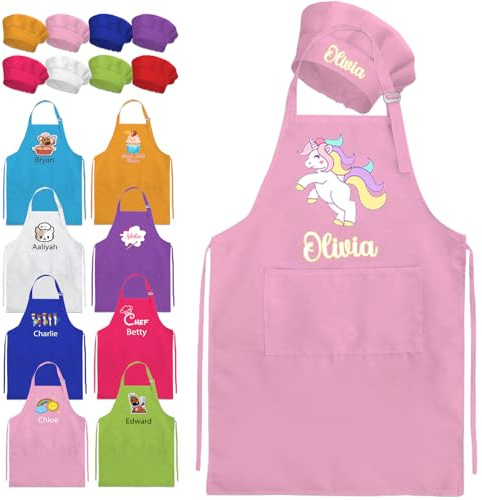 Delantal personalizado para niños con nombre, gorro de chef y delantal para niñas, niños, cocina, cocina, pintura, Blanco, Large