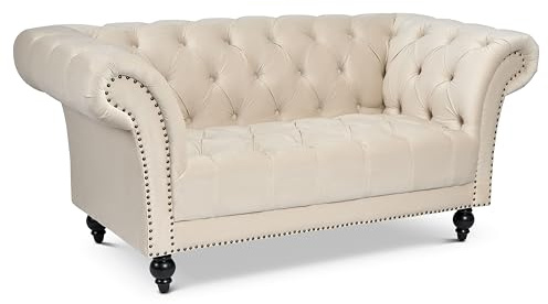 Bravich Cambridge Chesterfield Velvet 2 Seater Sofa, Cream Small Settee Couch for Living Room and Bedroom, Button Back with Rolled Arms, Solid Wood Frame - 170 x 58 x 82cm