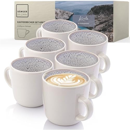SÄNGER Kreta | Kaffeebecher 6 Personen, Steingut Kaffeetassen Set 6er, Tassen Set Teetasse Set spülmaschinenfest mikrowellenfest, Coffee Mug creme blau 350 ml | VALUE COLLECTION