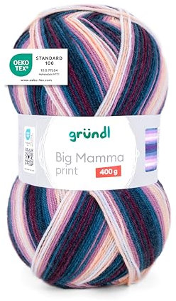 Gründl Wolle Big Mamma Print - XXL Wolle zum Stricken mit Farbverlauf - Weich und hautfreundlich - 100% Polyacryl - 1 Knäuel 400 g / 1040 m - Nadelstärke 3,5-4,5 - flieder-petrol