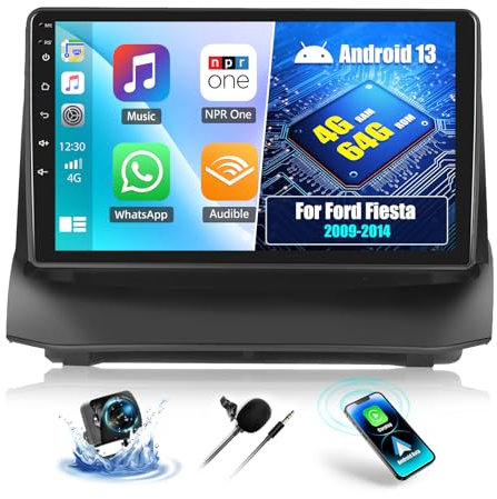 OiLiehu 4+64GB Android 13 2 DIN Carplay Android Auto para Ford Fiesta 2009-2014 Pantalla Radio Coche 9 Pulgadas con Mirror Link Bluetooth FM/RDS GPS WiFi SWC EQ Camara Marcha Atras