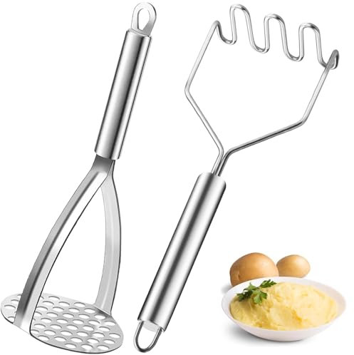 Brslainn 2 Stück Kartoffelstampfer Edelstahl, 27cm Stampfer Kartoffel Handstampfer, Lebensmittelstampfer-Utensil für Kartoffel, Obstsäfte, Gemüsebrei, Püree, Spülmaschinenfest
