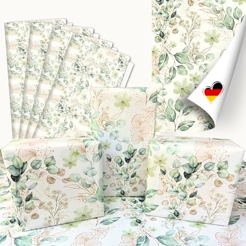 artwelten Geschenkpapier Geschenkpapier Eukalyptus & Lotus – 4 Bögen je 90x65 cm – Florales Naturmotiv für Jugendweihe, Konfirmation, Hochzeit & Geburtstag – Geschenkverpackung für Jung und Alt