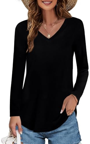 Elesomo Damen T Shirts Baumwolle Kurzarm/Langarm V Ausschnitt Oberteile