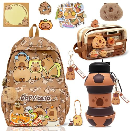 Vexthorion Capybara Backpack Set Football Water Bottle & Keychain, Mini Plush Toy - Cute School Bookbag Rucksack Capybara Silicone Drinking Bottle Gift for Kids,Capybara Stationery Gifts Cup Parts
