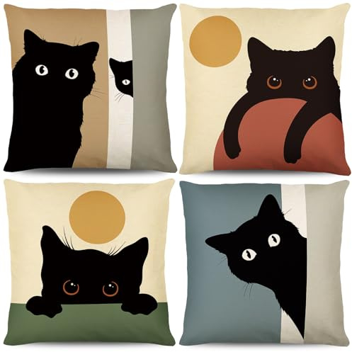Bigqin 4 Piezas Gato Fundas Cojines 45x45cm/18 * 18, Funda Cojin de Gato Negro Decoración Fundas de Cojines, Moderna Decoraciones