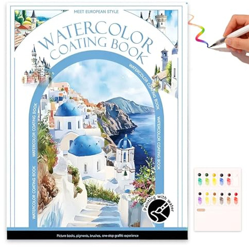 Livre de Coloriage Aquarelle pour Adulte, NANASUGUR Livres de Coloration Kit de Peinture Aquarelle Livre de Coloriage avec Peintures à l'eau avec 12 Couleurs d'eau