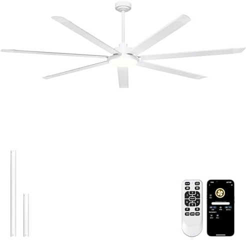 Ohniyou 84 Inch Ceiling Fans with Lights - Large Industrial Ceiling Fan with Remote/APP Control, 7 Aluminum Blades, 3CCT, Quiet DC Motor, Big Ceiling Fan for Shop Outdoor Patio Garage, White