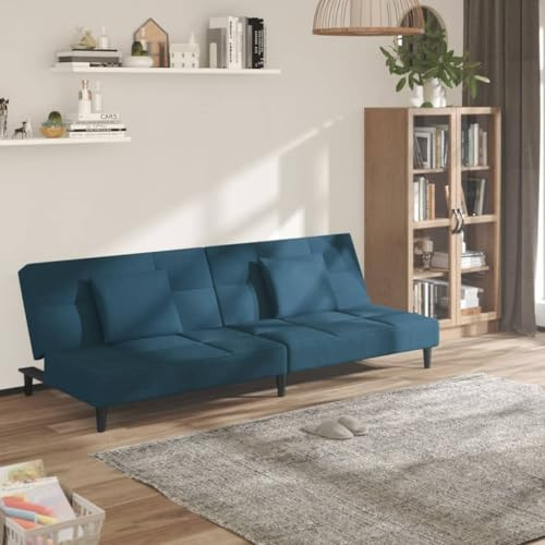 Mandloder Schlafsofa 2-Sitzer Blau, Samt, mit 2 Kissen, 200 cm breit, ausziehbar zum Doppelbett, für kleine Zimmer und Wohnzimmer