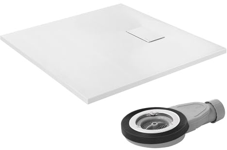 LuxeBath Piatto Doccia 90x90 cm Bianco con Set di Scarico, Extra Piatto e Robusto in SMC, Vasca Doccia Quadrata A 30 mm, Design Effetto Ardesia con Superficie Antiscivolo, Facile Installazione