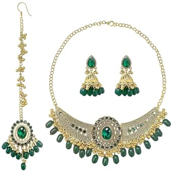 IMINI Traditional Kundan Jewellery Set, Necklace, Jhumka Earrings & Maang Tikka – Complete Bridal & Wedding Accessories for Women, Ethnic Party & Festival