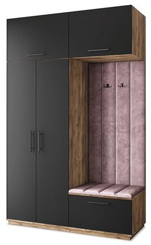 Masseno Flugarderoben Set Rema, Kleiderschrank-Set mit Sitzbank, Garderobenschrank Flur mit 5 Regalböden, Eiche Lefkas/Schwarz