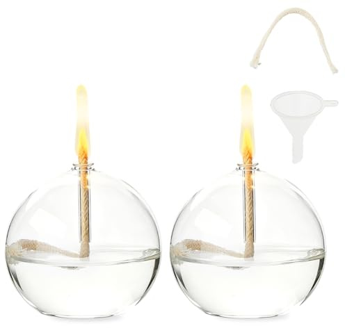 SUPERFINDINGS 2 Sets Klare Glas Öllampe Runde Nachfüllbare Flüssigkeit Petite Öllampe 8x7.4cm Brennen Mit Docht Und Halter Inklusive Für Innenbeleuchtung Und Outdoor Events