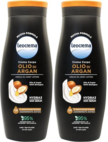 Leocrema - Crema Corpo All'Olio di Argan Biologico, Texture Ricca e Vellutante ad Assorbimento Rapido, Idratazione per 72 ore, 400ml (Confezione da 2)