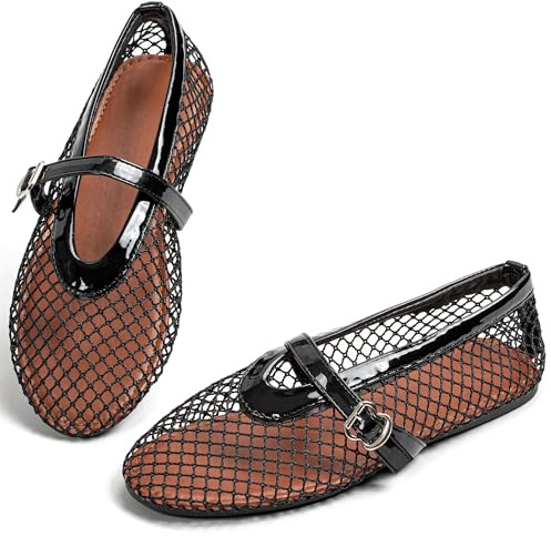 Mesh Ballet Flats for Women, Fishnet Ballerina Shoes Buckle Strap | Wide Width Round Toe Casual Office Daily Summer Dress Flat Shoes