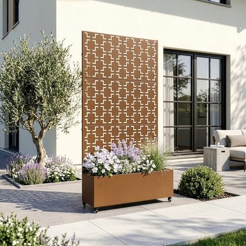casa.pro Blumenkasten mit Sichtschutz Aaskis Pflanzkübel mit Rankgitter Metall Pflanzkasten Balkon 190 hoch Outdoor Trennwand mit Rollen Garten 190 x 82 x 38 cm Braun