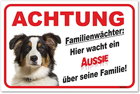 AdriLeo Schild - Vorsicht Australian Shepherd Tri-Color - Familienwächter - (20x30cm) / Aussie Achtung Hund Wachhund robust langlebig UV-beständig wetterfestes Warnschild