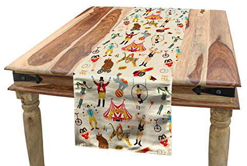 ABAKUHAUS Zirkus Tischläufer, Retro Circus Firgures, Esszimmer Küche Rechteckiger Dekorativer Tischläufer, 40 x 300 cm, Rot Beige