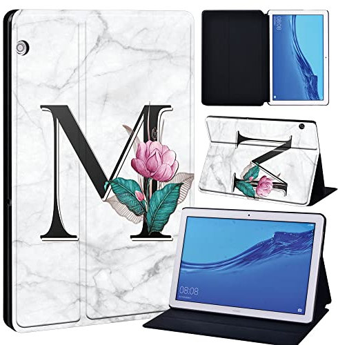 FINDING CASE For Huawei MediaPad T5 10 10.1 Inch Tablet - Printed PU Flip Leather Smart Lightweight Shell Stand Cover Case for MediaPad T5 10 10.1 (MediaPad T5 10 10.1, letter M on white marble)