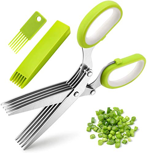 Forbici per erbe da cucina in tre pezzi in acciaio inossidabile,forbici per erbe aromatiche multiuso a 5 lame,coperchio con pettine per la pulizia e coltello da taglio,forbici da cucina multifunzione