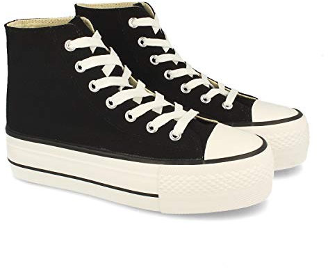 shoes&blues.es 53872-Zapatilla Abotinada, Comodas, Material Textil de Lona, Estilo Bamba y Casual, con Plataforma, Cierre de Cordones, Primavera Verano 2021. Talla 40 Negro
