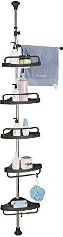 BAOYOUNI Teleskop Duschregal Ohne Bohren, Badezimmer Eckregal aus Metall, Duschablage mit 5 Ablagen und 1 Handtuchhalter, Höhenverstellbar 185-240cm oder 255-310cm, Schwarz