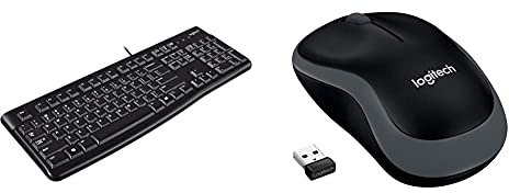 Logitech K120 Wired Business Keyboard for Windows or Linux - Black & M185 Wireless Mouse, 2.4GHz with USB Mini Receiver, 12-Month Battery Life, 1000 DPI Optical Tracking - Grey