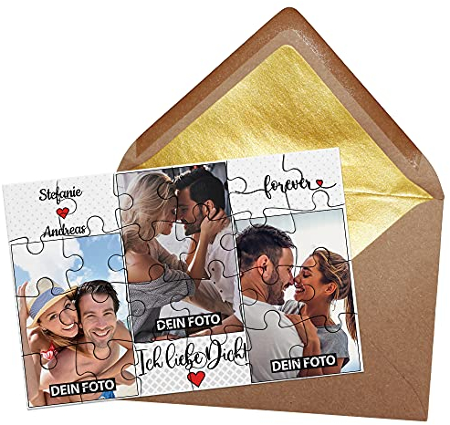 PR Print Royal Foto-Puzzle - Collage Ich Liebe Dich - inkl. Briefumschlag mit Gold-Inlay - Geschenk für Paare, Liebe, Valentinstag - mit DREI Bildern + Namen Bedrucken Lassen - 24 Teile