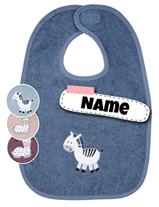 Baby Lätzchen mit Klettverschluss | bestickt mit Namen | Riesen Lätzchen | Baby Latz | personalisiert | Spucktücher Baby | Baby Erstausstattung (dunkelblaues Zebra)