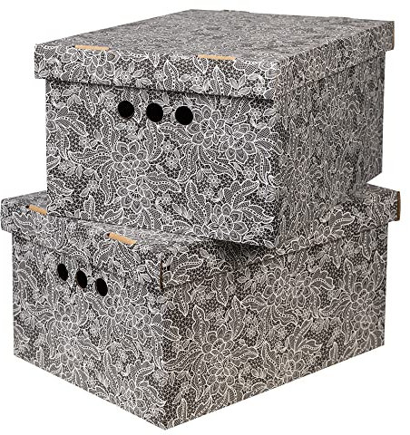 SOFTILLO Cardboard Storage Boxes with Lid, Decorative Wardrobe, Closet, Home & Office Organiser with Handle, Flat-Packed, Stackable File Box, Gift for Adults & Kids, Set of 2, XLarge - Black Laces
