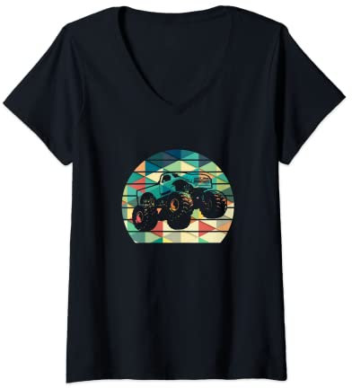 Damen Monster Truck amerikanische Flagge, die USA-Weinlese läuft T-Shirt mit V-Ausschnitt