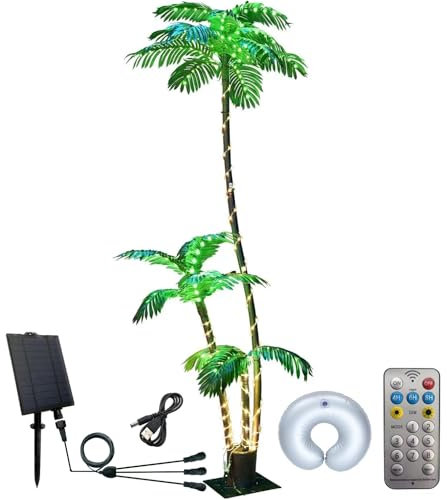 Palmera artificial solar árbol de Navidad de 7 pies, 3 troncos, 245 luces LED, simulación de palmera tropical, luz falsa para patio, hogar, oficina, playa, patio, crucero, fiesta, Tiki, bar,