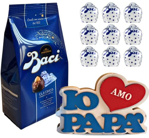 Regalo Papà - Baci Perugina Cioccolatini Fondenti 125g + Decorazione Legno Amo Papà - Compleanno, San Valentino, Festa del Papà