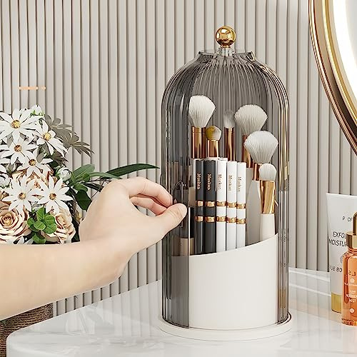 KQJS Makeup Brush Storage Box,360°Rotating Bucket for Easy Access and Additional Storage for Dressing Table Items like Pen Holder,Lipsticks,and Dust-proof Cover Dividers (Transparent Black)